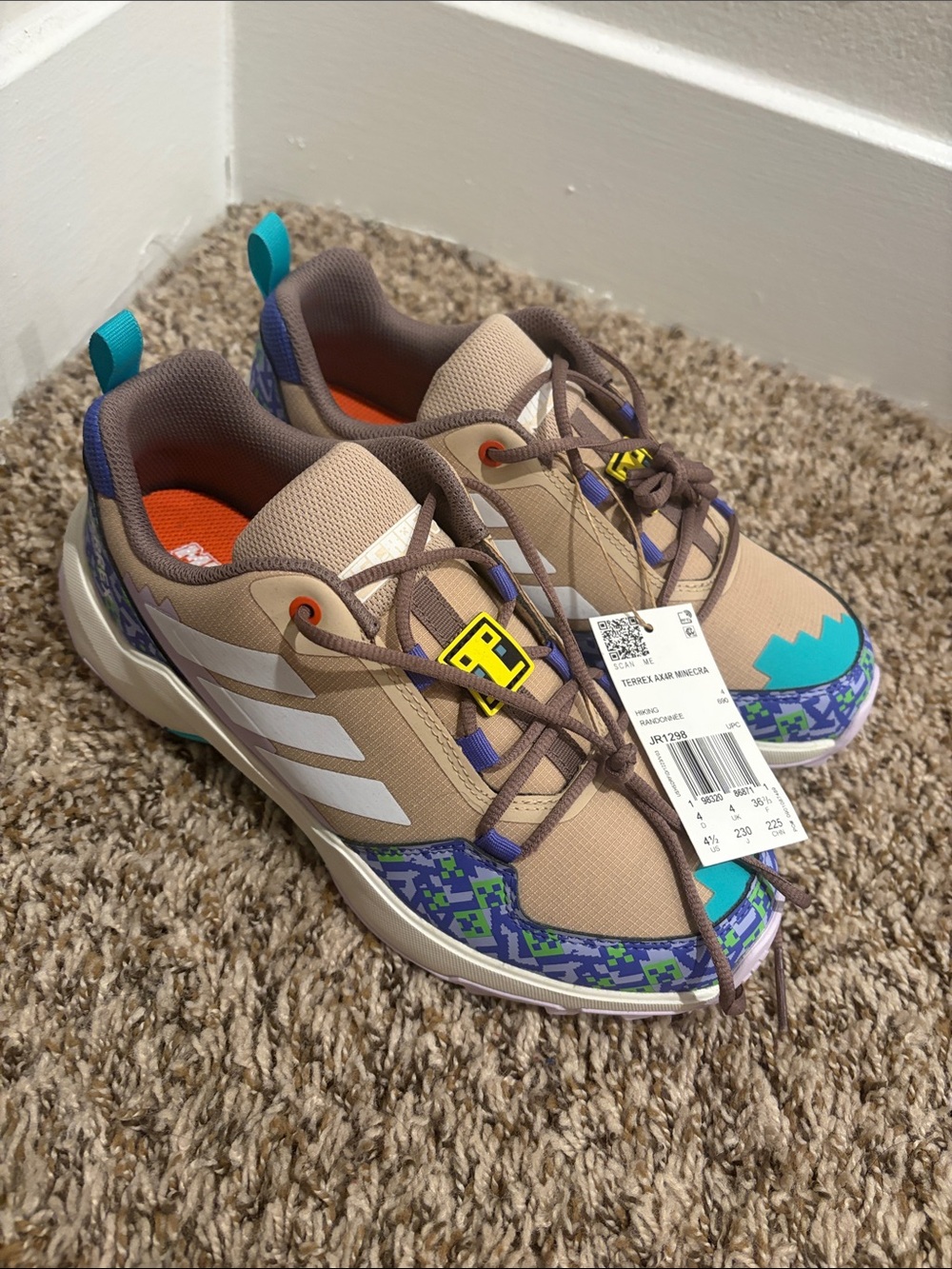 Kids Adidas Minecraft Hiking Sneakers in Beige with Teal & Purple Accents